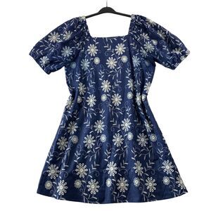Anne Klein Womens Blue Dress Short Sleeve Square Neck Size 14W Embroidered‎
